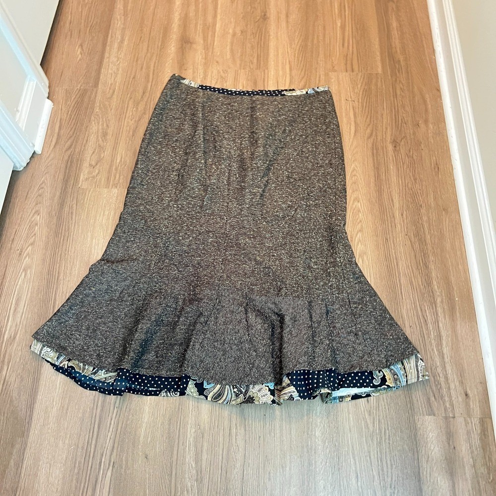 Acorn Tweed Midi Flounce Skirt Paisley Polka Dot Trim Size 14 Cottagecore